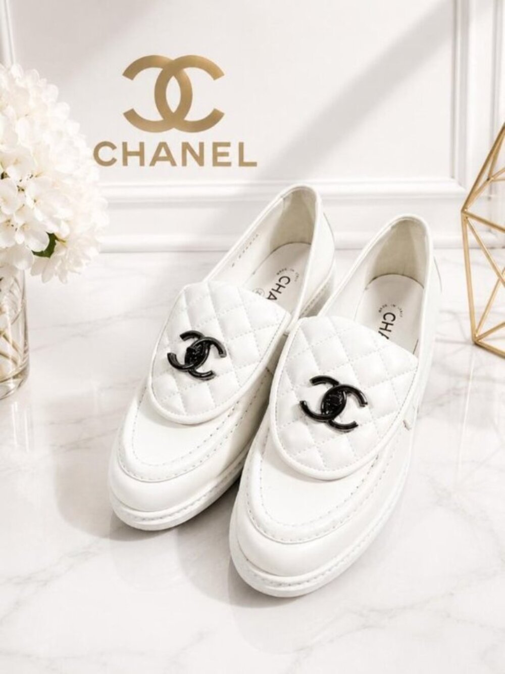 Authentic Chanel White Quilted CC Platform Loafers Shoes